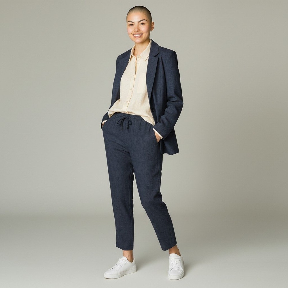 Zara Pants Women S Navy Blue Drawstring Elastic Waist Tapered Trousers Workwear